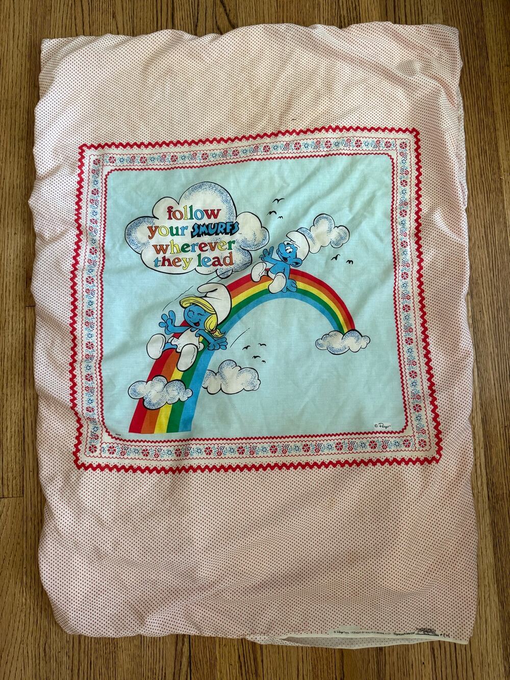 Vintage 1982 Smurfs Fabric Panel 43x30 Rainbow Smurfette Wallace Berrie